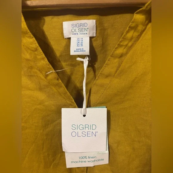 Sigrid Olsen 100% Linen Button Front Tunic Top Womens Size 1X Mustard Yellow NWT - Picture 2 of 6